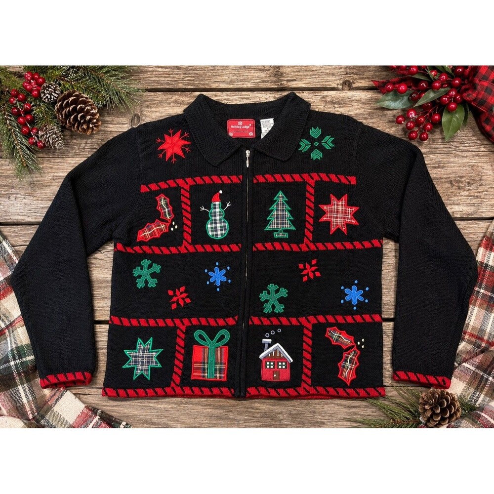 vtg Womens Christmas Sweater Holiday Cardigan Black Full Zip Size Medium embroid